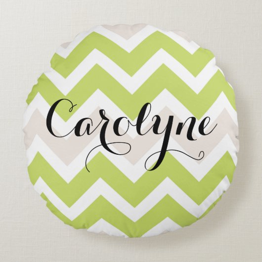 グリーンシェブロン | 丸パーソナライズされた枕 ラウンドクッション (正面)
