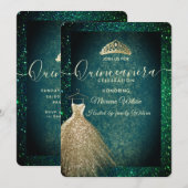 グリーンシック金ゴールドシークンズドレスティアラQuinceanera I 招待状 (正面/裏面)