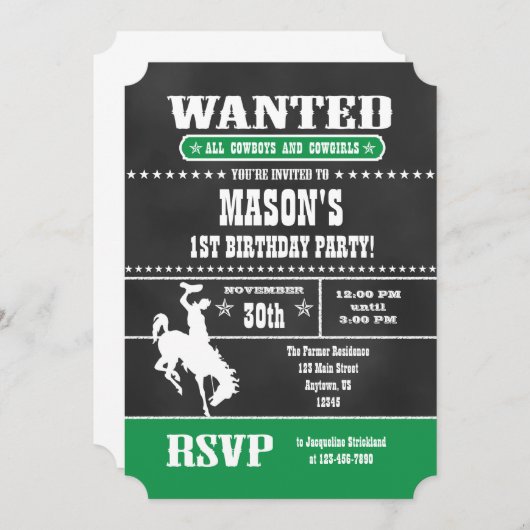 グリーンシャルボードカウボーイ誕生日招待状 招待状 (正面/裏面)