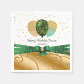 グリーンシルクリボン、金ゴールド50誕生日&バルーン スタンダードカクテルナプキン (正面)