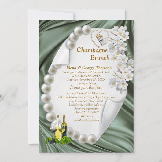 グリーンシルク&アイボリー梨ウェディングシャワー招待状 招待状 (正面)