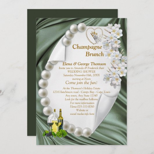 グリーンシルク&アイボリー梨ウェディングシャワー招待状 招待状 (正面/裏面)