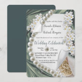 グリーンシルク&アイボリー結婚パール 招待状 (正面/裏面)