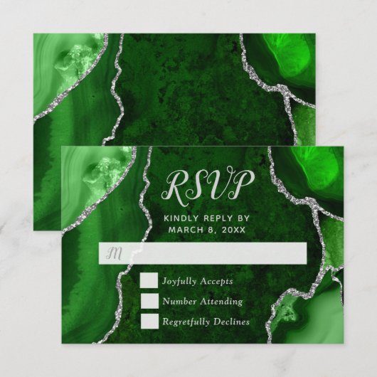 グリーンシルバーアゲートマーブルRSVP 出欠カード (正面/裏面)