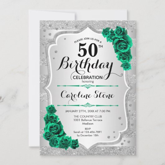 グリーンシルバーエレガントフローラ50誕生日 招待状 (正面)