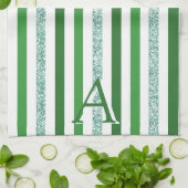 グリーンシルバーグリッターストライプのイニシャルモダントレンディー キッチンタオル (折り畳み)