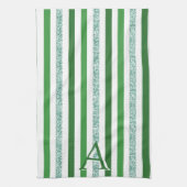 グリーンシルバーグリッターストライプのイニシャルモダントレンディー キッチンタオル (縦)