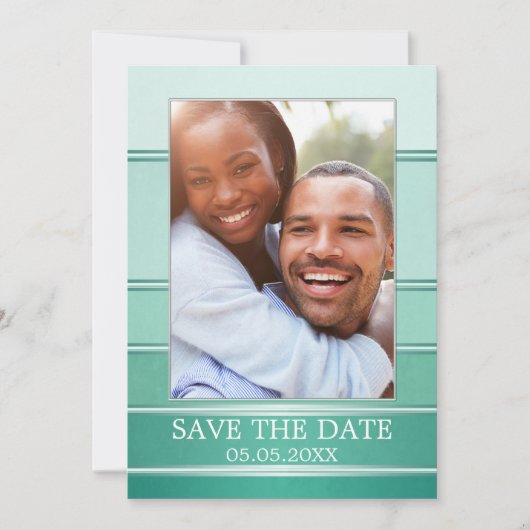 グリーンシルバーストライプのフォト日付カードを保存 案内状 (正面)