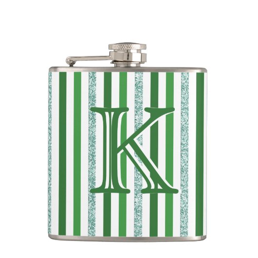 グリーンシルバーストライプグリッターモノグラムのカスタム フラスク (正面)
