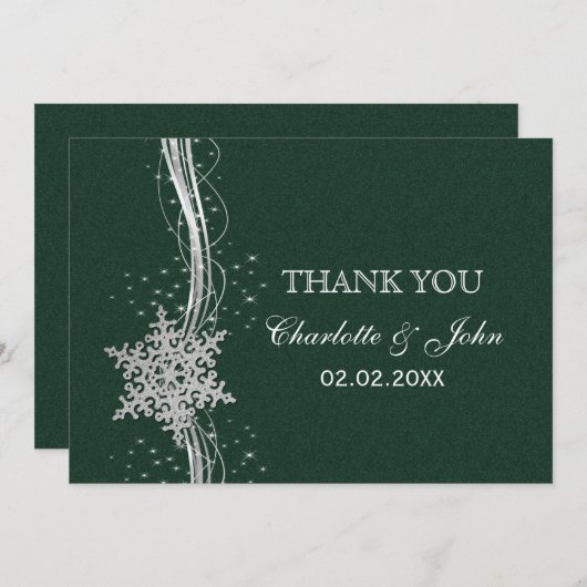グリーンシルバースノーフレーク冬の結婚式ありがとう 招待状 (正面/裏面)