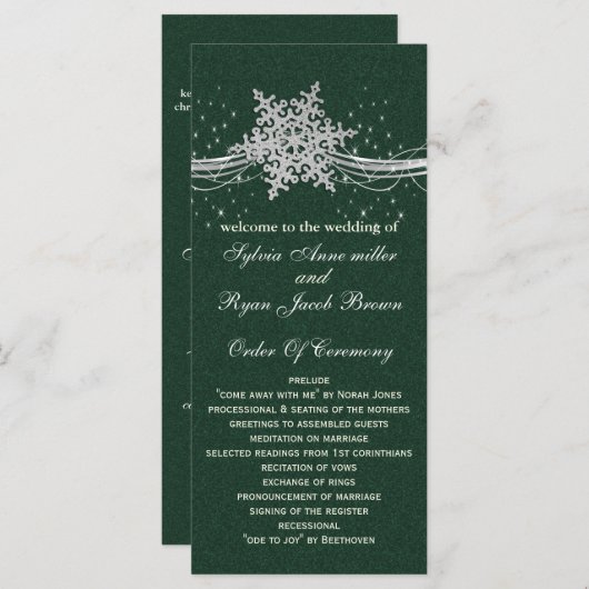 グリーンシルバースノーフレーク結婚式のプログラムの長さ プログラム (正面/裏面)