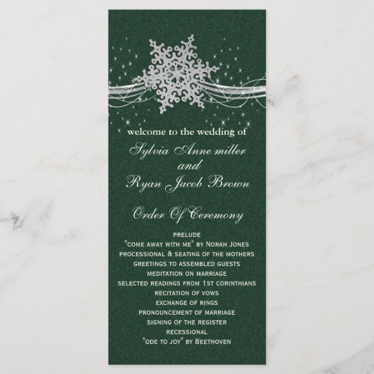 グリーンシルバースノーフレーク結婚式のプログラムの長さ プログラム (正面)