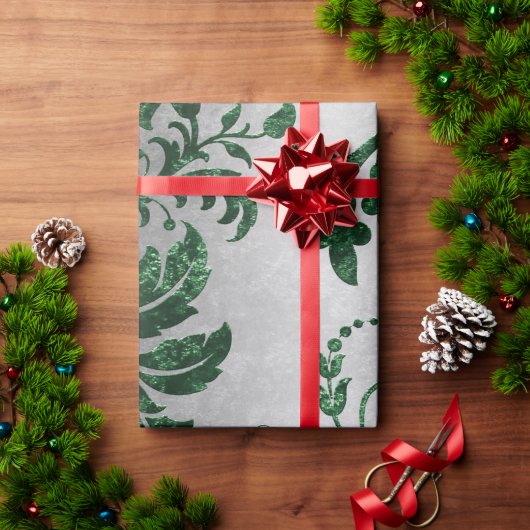 グリーンシルバーダマスクエレガントヴィンテージプレゼント ラッピングペーパー (クリスマスギフト)