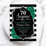 グリーンシルバーブラックサプライズ70誕生日 招待状<br><div class="desc">誕生日パーティーの招待状70日。黒フェミニン白とエメラルドの緑のデザインにグリッター銀フェイクを付ける。白黒の、ストライプバラ、スクリプトフォント、紙吹雪。女性の日エレガントお祝いに最適。任意のパーソナライズされた年齢を示すことができる。印刷されたZazzle招待状または即時ダウンロードのデジタル印刷可能なテンプレート。</div>