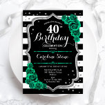 グリーンシルバーブラック&ホワイトストライプバースデー40th Birthday 招待状<br><div class="desc">40歳の誕生日パーティの招待状。エレガントフローラエメラルド緑のデザインとグリッター銀とバラフェイク。白黒のとスストライプクリプトフォントを搭載。日中の女子スタイリッシュお祝いに最適。どんなカスタマイズ年でもいい！印刷されたZazzle招待状または即時ダウンロードのデジタル印刷可能なテンプレート。</div>