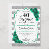 グリーンシルバーホワイトサプライズ40歳の誕生日 招待状 (正面)