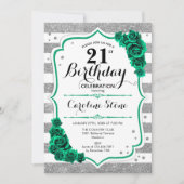 グリーンシルバーホワイトストライプバラ21歳の誕生日 招待状 (正面)