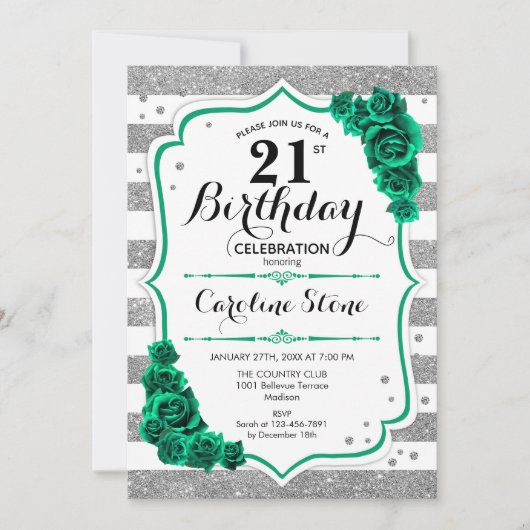 グリーンシルバーホワイトストライプバラ21歳の誕生日 招待状 (正面)