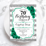 グリーンシルバーホワイトストライプバラ70誕生日 招待状<br><div class="desc">第70回バースデーパーティーへの招待。フローラエレガントエメラルドグリーンデザインバラ。グリッターフェイクシルバーとホワイトのストライプフォントとスクリプト機能。日中の女子スタイリッシュお祝いに最適。どんなカスタマイズ年でもいい！印刷されたZazzle招待状または即時ダウンロードのデジタル印刷可能なテンプレート。</div>