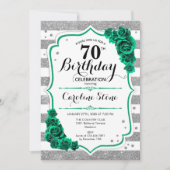 グリーンシルバーホワイトストライプバラ70誕生日 招待状 (正面)