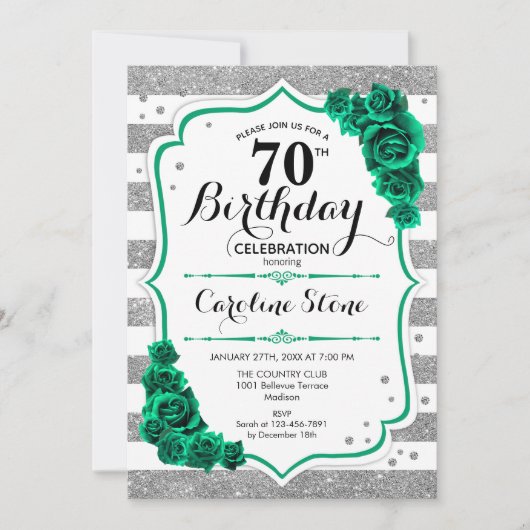 グリーンシルバーホワイトストライプバラ70誕生日 招待状 (正面)