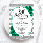 グリーンシルバーホワイトストライプバラ90誕生日 招待状<br><div class="desc">第90回バースデーパーティーへの招待。フローラエレガントエメラルドグリーンデザインバラ。グリッターフェイクシルバーとホワイトのストライプフォントとスクリプト機能。日中の女子スタイリッシュお祝いに最適。どんなカスタマイズ年でもいい！印刷されたZazzle招待状または即時ダウンロードのデジタル印刷可能なテンプレート。</div>