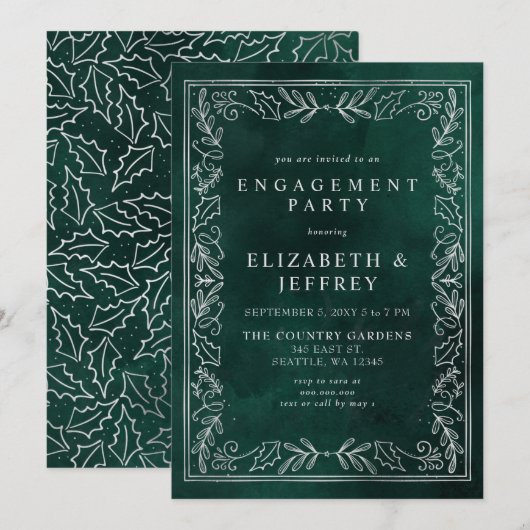 グリーンシルバーホーリー クリスマスエンゲージメントパーティー 招待状 (正面/裏面)