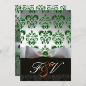 グリーンシルバーリボン&ブラックダマスクモノグラム オレンジ 招待状 (正面/裏面)