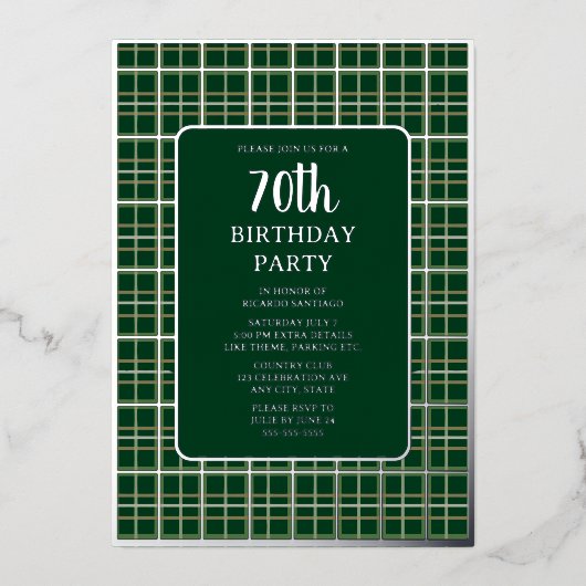 グリーンシルバー幾何学模様70カスタム歳の誕生日パーティー 箔招待状 (正面)