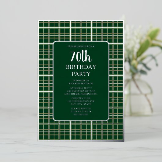 グリーンシルバー幾何学模様70カスタム歳の誕生日パーティー 箔招待状 (立ち正面)