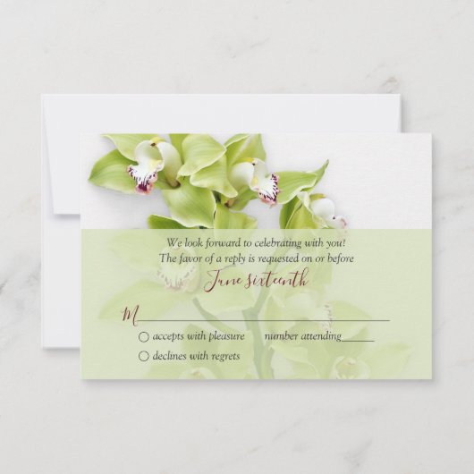 グリーンシンビジウムオーキッドのウェディング返信はがきＲＳＶＰカード 出欠カード (裏面)