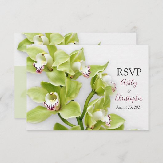 グリーンシンビジウムオーキッドのウェディング返信はがきRSVPカード 出欠カード (正面/裏面)