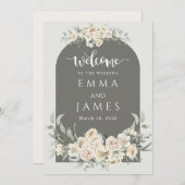 グリーンシンプルの花のウェルカムサイン結婚ズ 招待状 (正面/裏面)