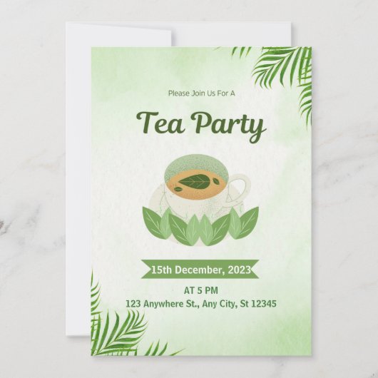 グリーンシンプルウォーターカラーティーパーティの招待状 招待状 (正面)