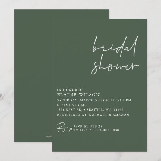 グリーンシンプルエレガントモダンブライダルシャワー 招待状 (正面/裏面)