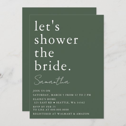 グリーンシンプルエレガントモダンブライダルシャワー 招待状 (正面/裏面)