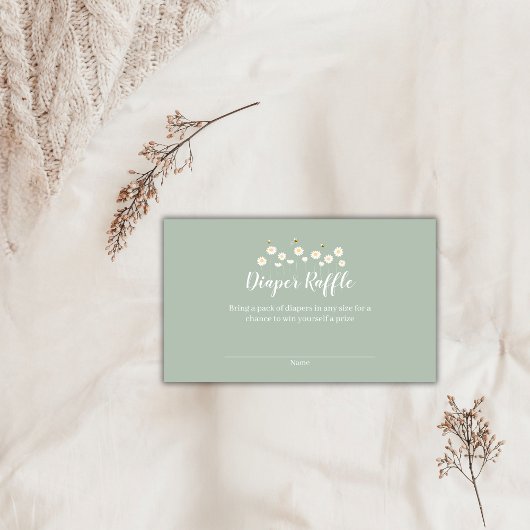 グリーンシンプルデイジーベビーシャワーおむつラッフル エンクロージャーカード