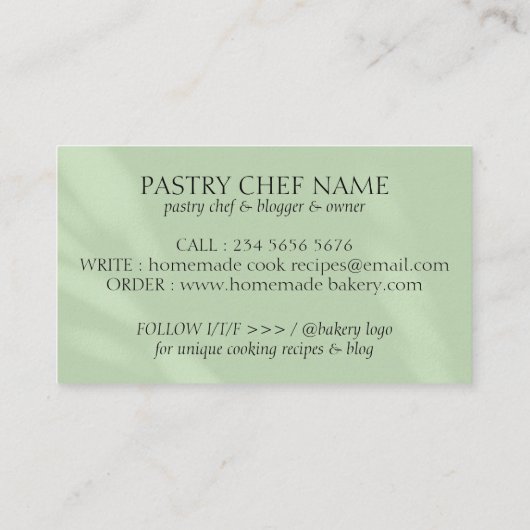 グリーンシンプルベーカリーエレガントロフェミニンゴ・シェフ 名刺 (裏面)