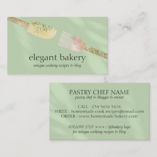 グリーンシンプルベーカリーエレガントロフェミニンゴ・シェフ 名刺 (正面/裏面)