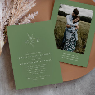 グリーンシンプルモノグラムQRコードフォト結婚ズ 招待状