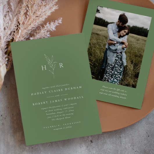 グリーンシンプルモノグラムQRコードフォト結婚ズ 招待状