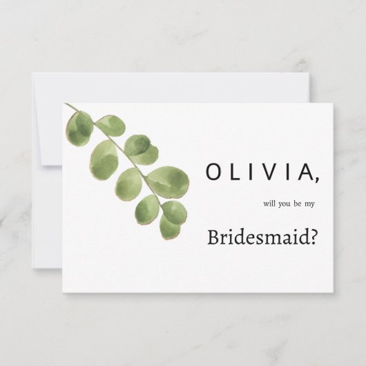 グリーンシンプル金ゴールドユーカリ葉スブリデスメイド 招待状 (正面)