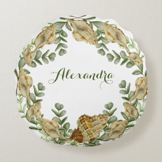 グリーンシーシェ航海のルクリームシェルコースタルロ ラウンドクッション (正面)