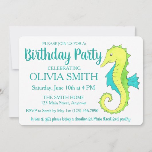 グリーンシーホースシーホースビーチ誕生日パーティー 招待状 (正面)