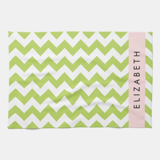 グリーンジグザググリーンシェブロンお名前 キッチンタオル (横)