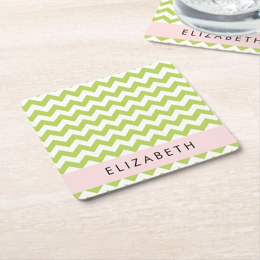 グリーンジグザググリーンシェブロンお名前 スクエアペーパーコースター (アングル)