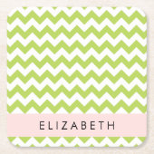 グリーンジグザググリーンシェブロンお名前 スクエアペーパーコースター (正面)