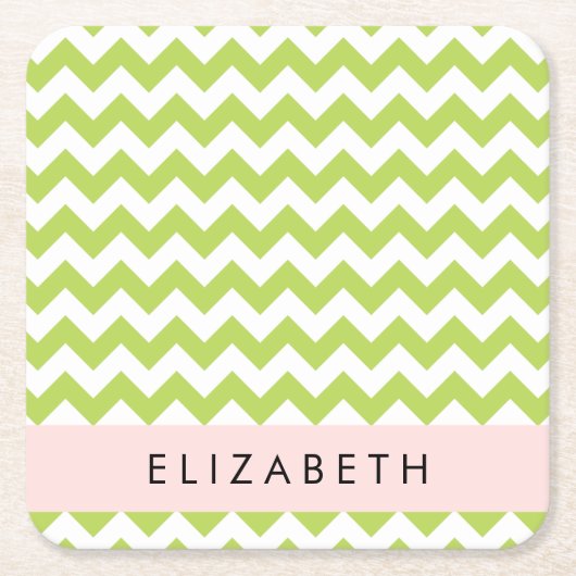 グリーンジグザググリーンシェブロンお名前 スクエアペーパーコースター (正面)