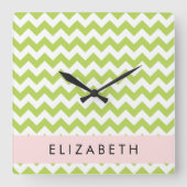 グリーンジグザググリーンシェブロンお名前 スクエア壁時計 (正面)