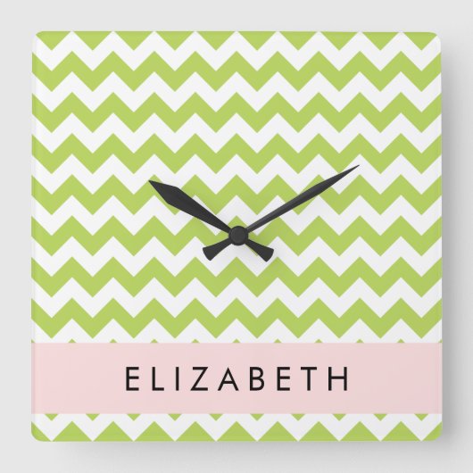 グリーンジグザググリーンシェブロンお名前 スクエア壁時計 (正面)